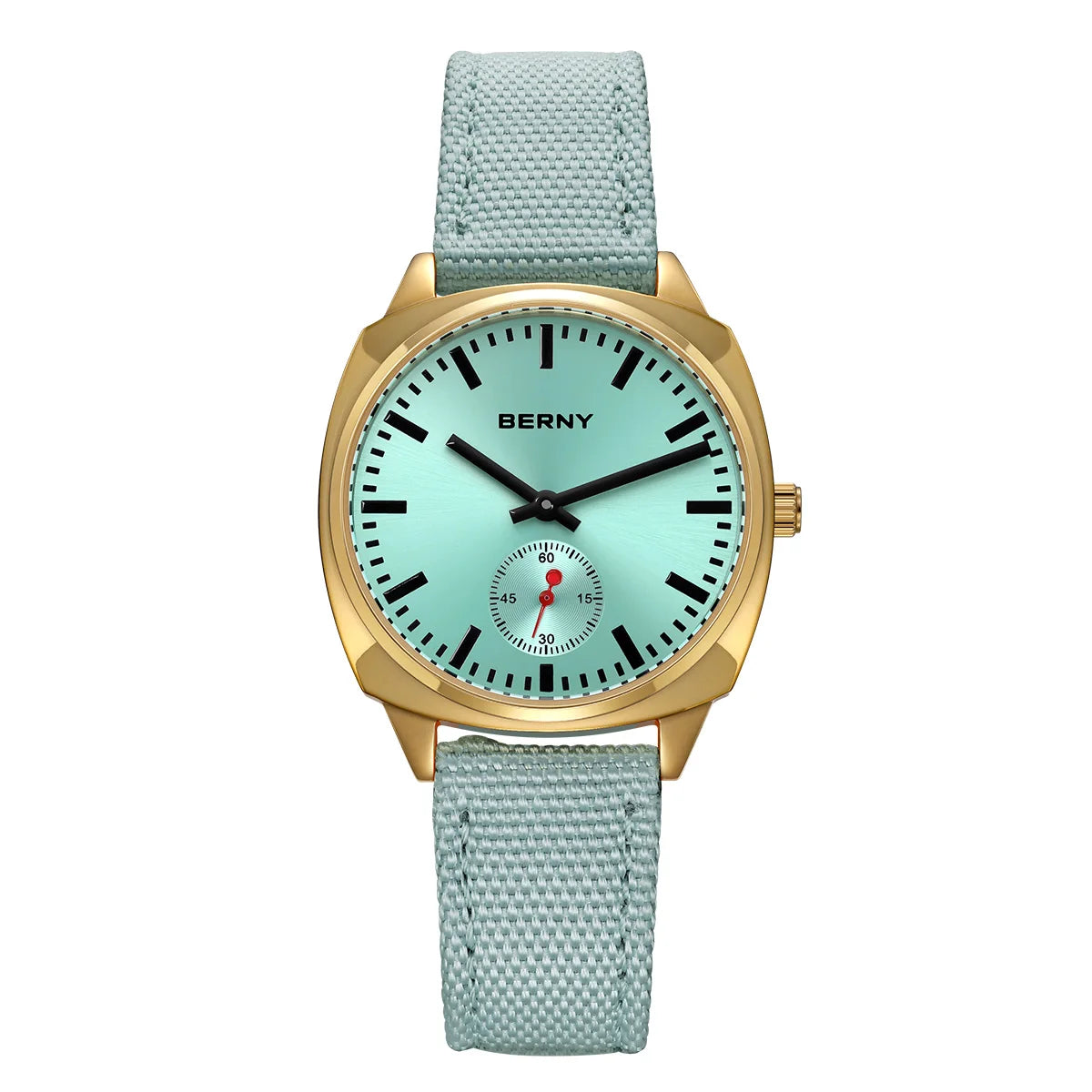 BERNY Gold Watch for Women Canvas Railway Watch Green Dial Ladies Wristwatch Quartz Pillow Watch Casual Fashion Ladies Watch