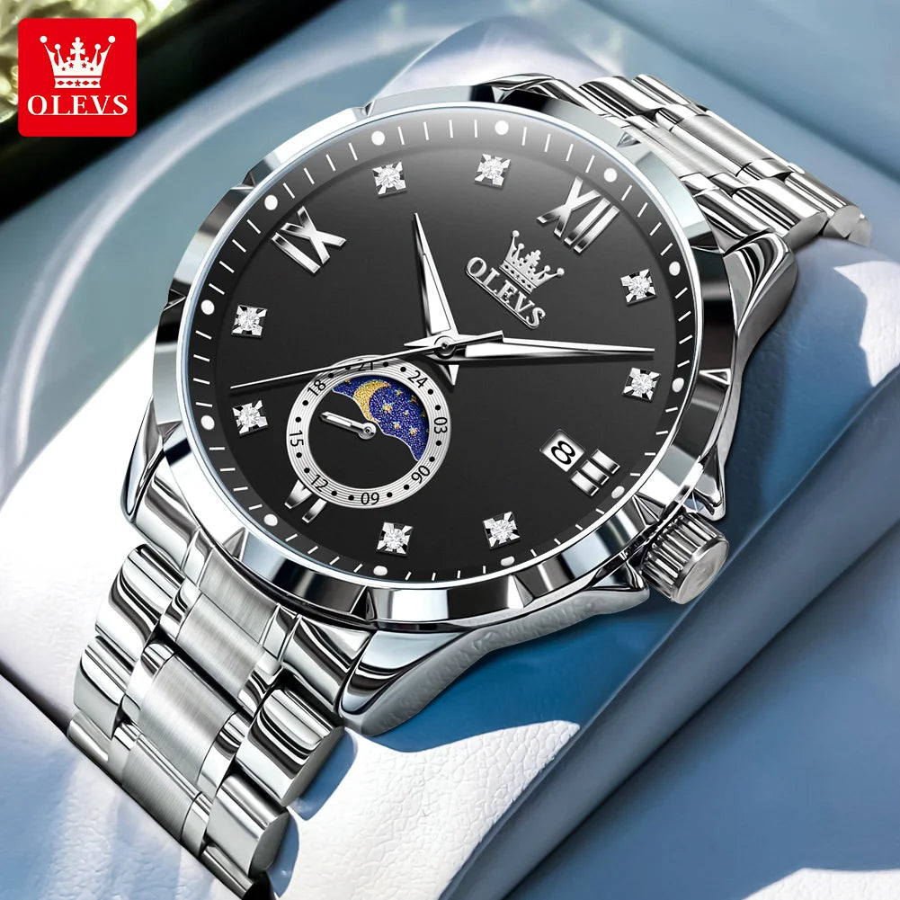 OLEV'S 2956 Men's, Luxury Brand, Waterproof, Calendar Moon Phase, Top Fashion, Stainless Steel Quartz, Chronograph Watch