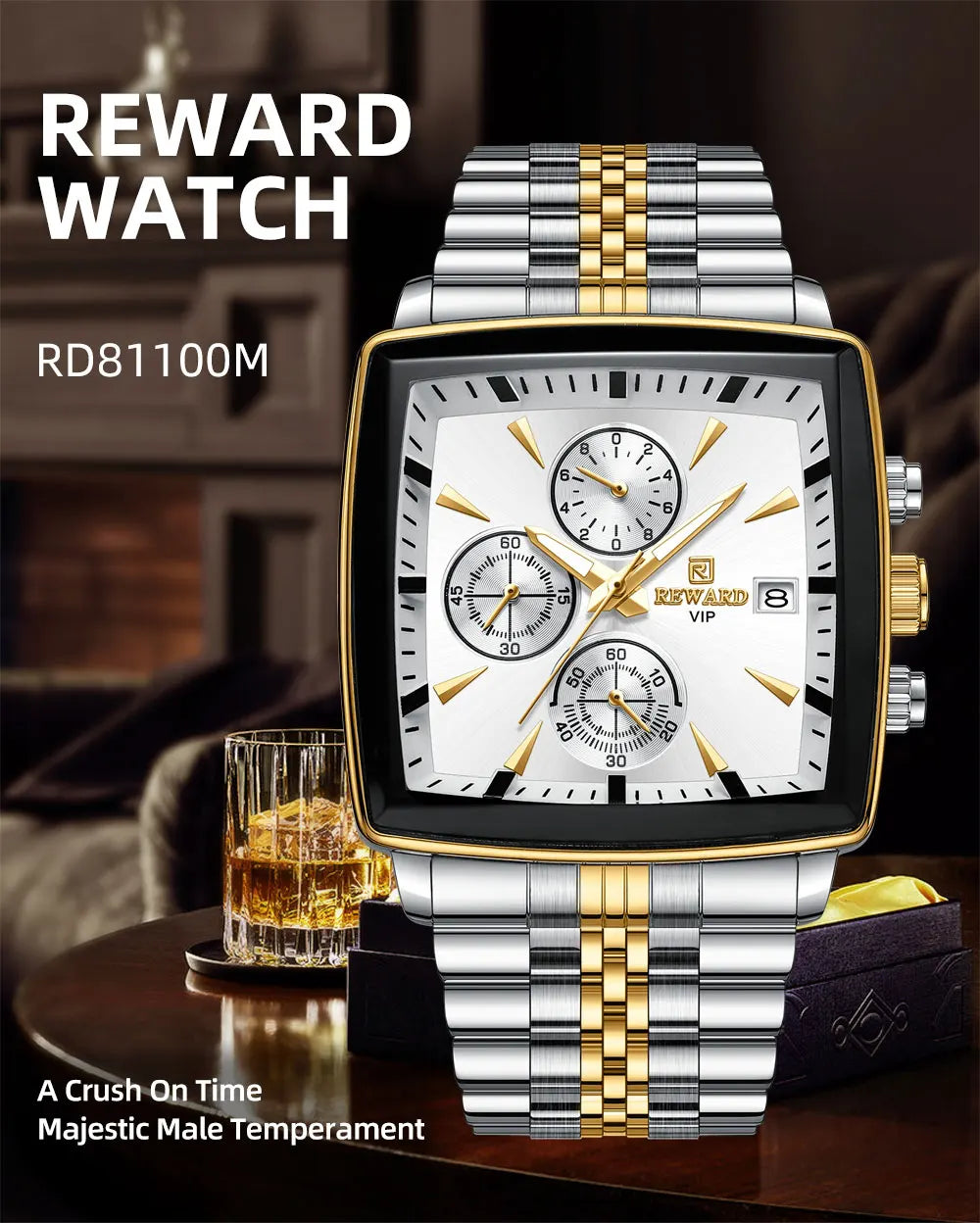 Men's Blue Luxury, Rectangular Business Quartz Wristwatch, Waterproof, with Luminous Hands, By REWARD