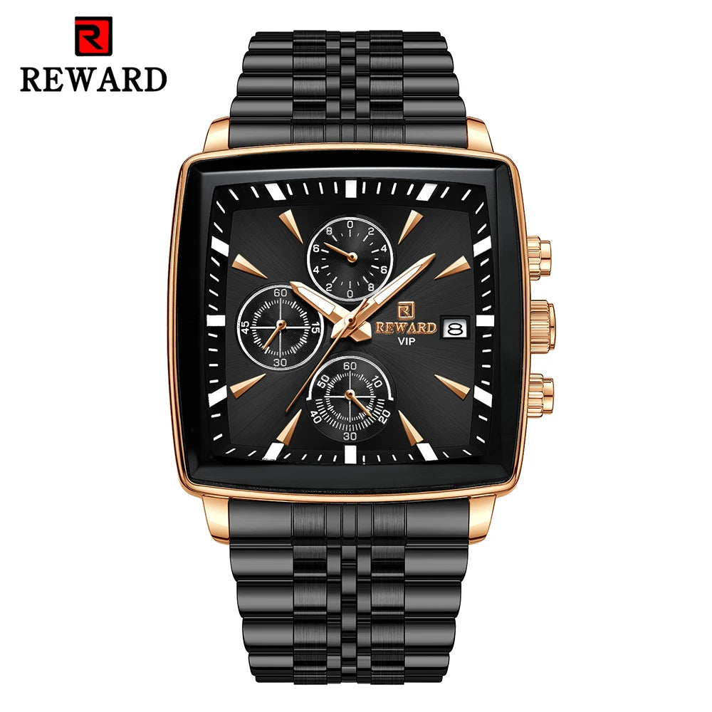 Men's Blue Luxury, Rectangular Business Quartz Wristwatch, Waterproof, with Luminous Hands, By REWARD