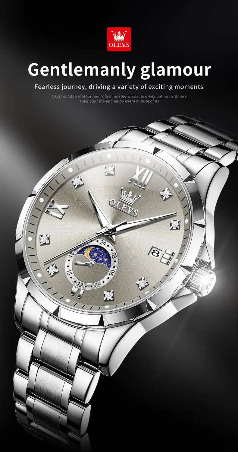 OLEV'S 2956 Men's, Luxury Brand, Waterproof, Calendar Moon Phase, Top Fashion, Stainless Steel Quartz, Chronograph Watch