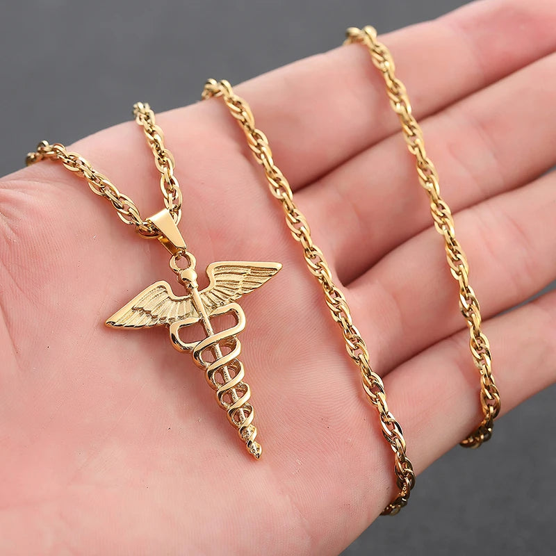 Medical Stainless Steel, Double Snake Wings Pendant Necklace Gift For Medical Professionals