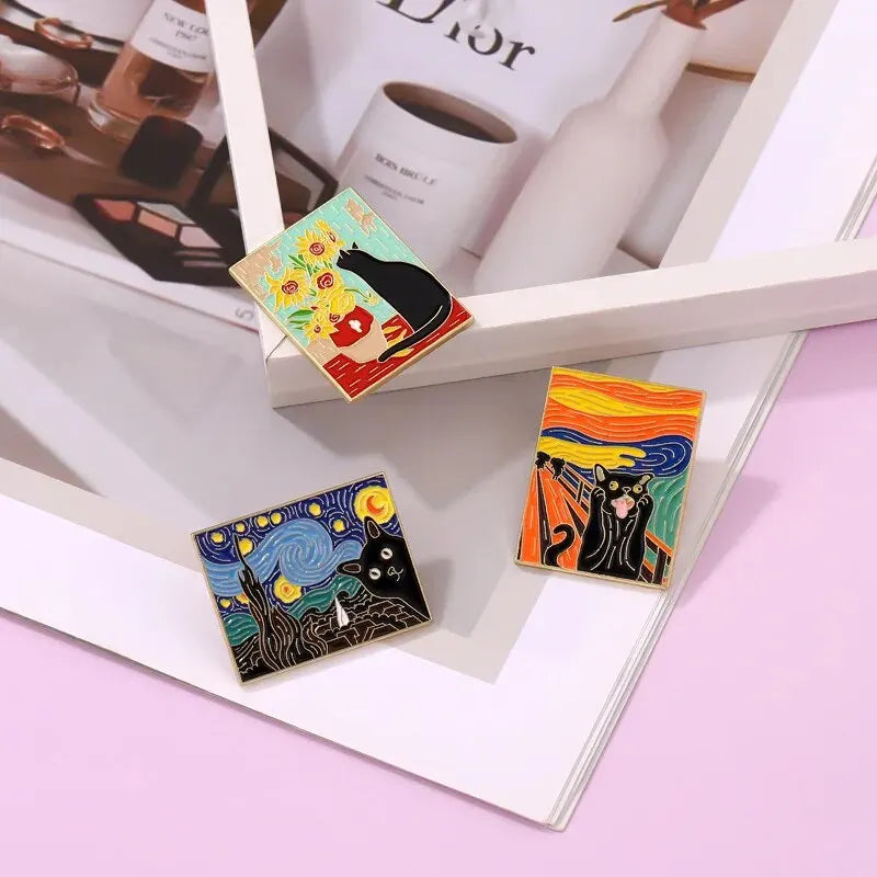 3pc Cats In Oil Paintings, Enamel Pins...(Click On Specs To Magnify).