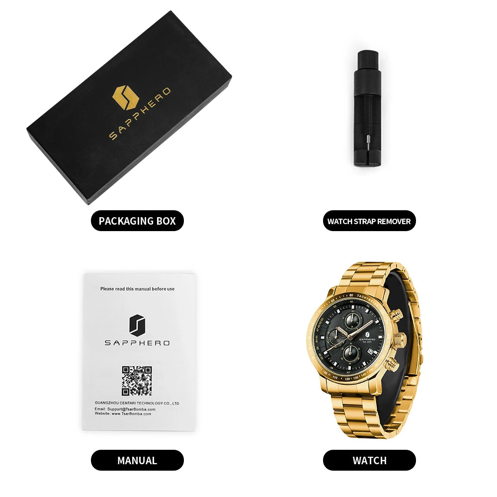 SAPPHERO, Luxury Brands, Gold Plated Stainless Steel, Men’s, Elegant, Waterproof, Quartz Watch…Perfect For That First Date