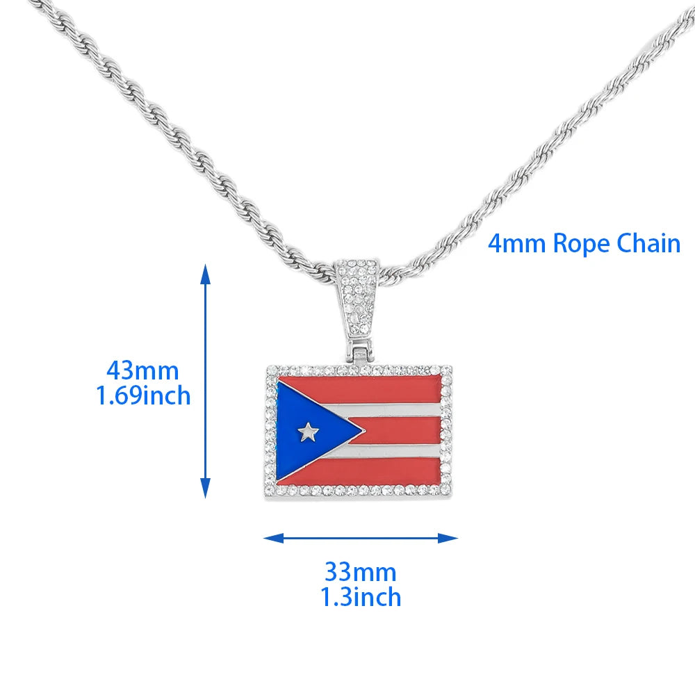 New Heart Puerto Rico Map/Flag Pendant Necklace With Imitation Rhinestones & 4mm Rope Link Chain, Stylish Jewelry For Men & Women