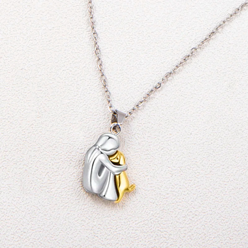 Cute, Two-Tone Girl Hugging Dog Necklace