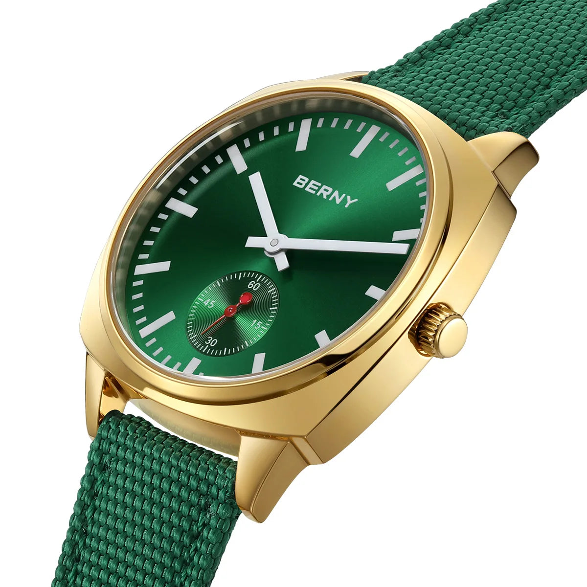 BERNY Gold Watch for Women Canvas Railway Watch Green Dial Ladies Wristwatch Quartz Pillow Watch Casual Fashion Ladies Watch