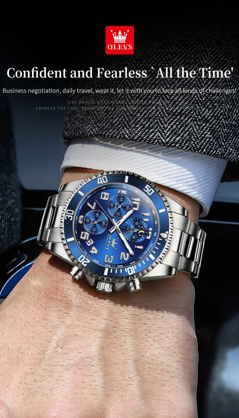 OLEV, S 2926 Men's, Luxury Brand, Waterproof, Calendar Moon Phase, Top Fashion, Stainless Steel Quartz, Chronograph Watch
