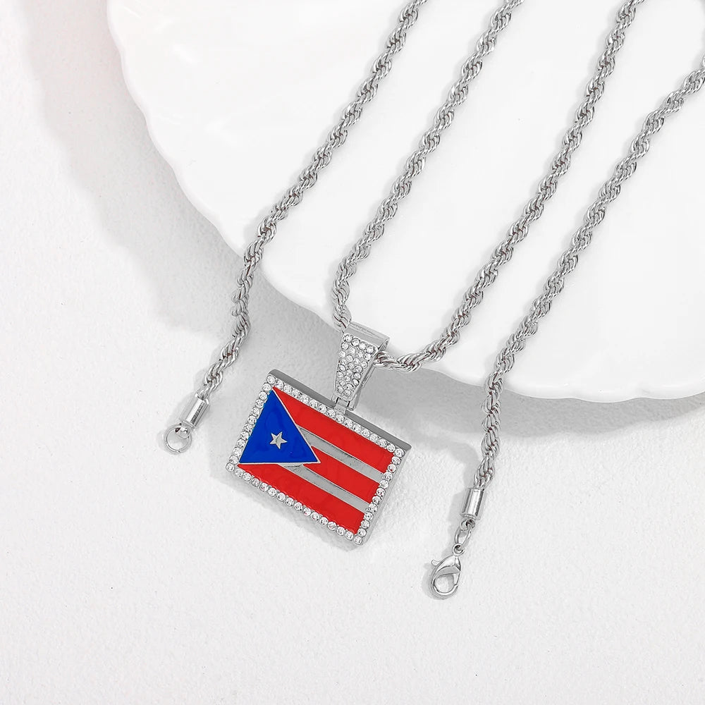 New Heart Puerto Rico Map/Flag Pendant Necklace With Imitation Rhinestones & 4mm Rope Link Chain, Stylish Jewelry For Men & Women