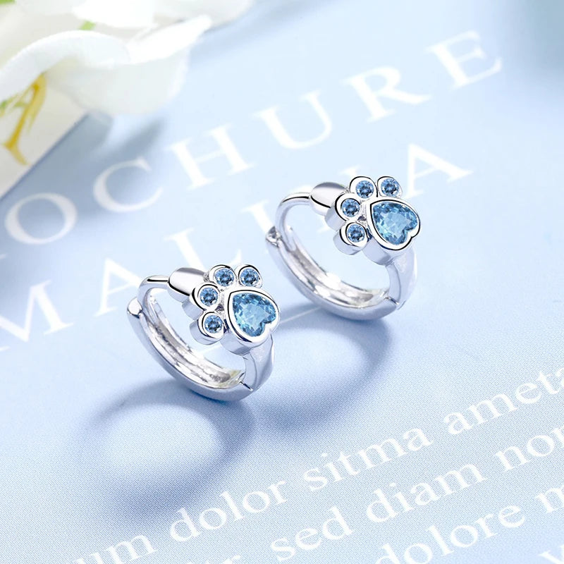 Genuine 9.25 Sterling Silver Zirconia Dog Paw Hoop Earrings for Women