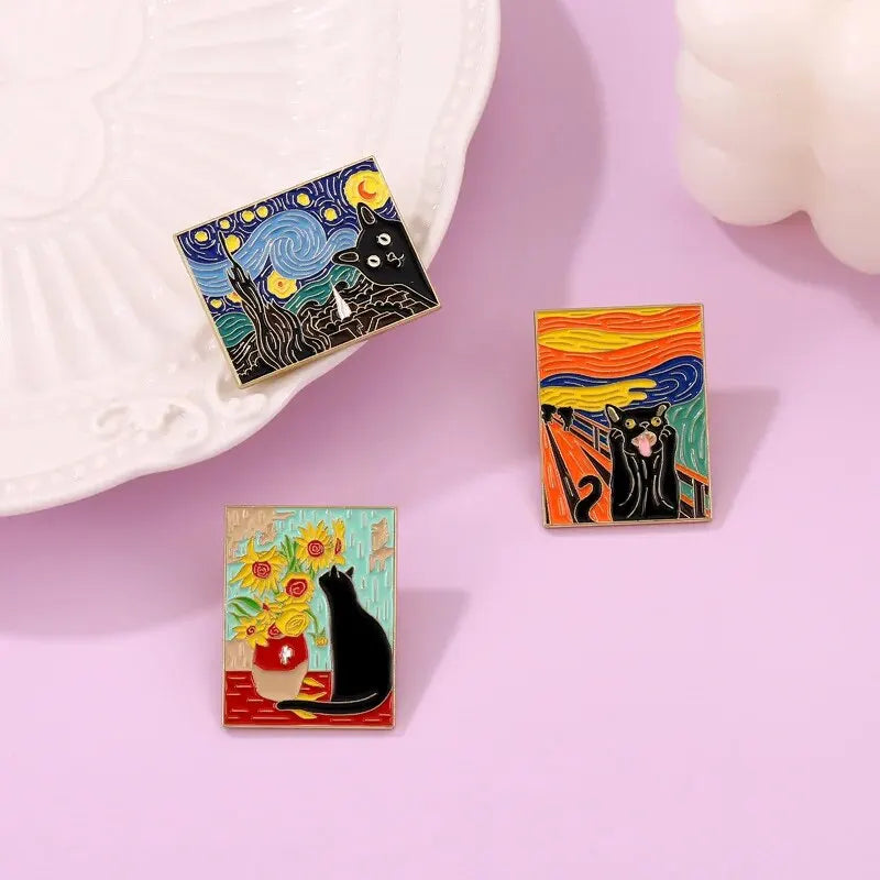 3pc Cats In Oil Paintings, Enamel Pins...(Click On Specs To Magnify).