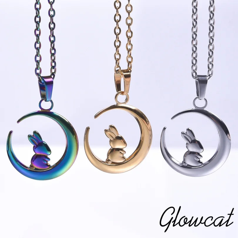 Stainless Steel, Kawaii Animal Rabbit Moon Pendant Necklaces For Women And Men. Please Invite,(Those Who Can), To Adopt Rabbits With This Gift Invitation.. Thank You!