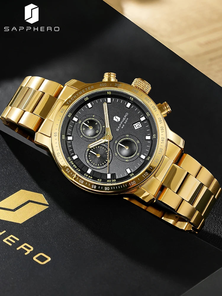 SAPPHERO, Luxury Brands, Gold Plated Stainless Steel, Men’s, Elegant, Waterproof, Quartz Watch…Perfect For That First Date