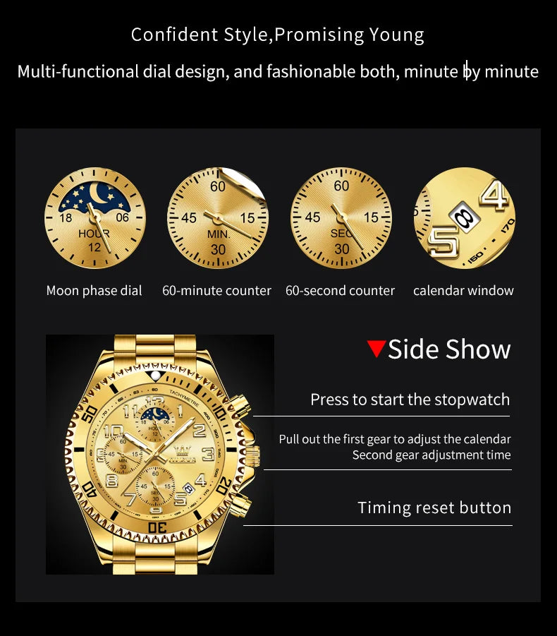 OLEV, S 2926 Men's, Luxury Brand, Waterproof, Calendar Moon Phase, Top Fashion, Stainless Steel Quartz, Chronograph Watch