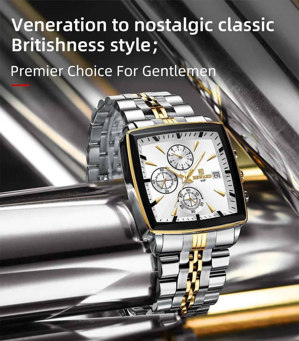 Men's Blue Luxury, Rectangular Business Quartz Wristwatch, Waterproof, with Luminous Hands, By REWARD