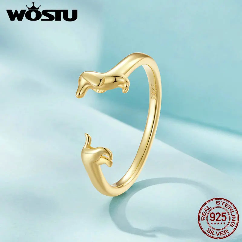 Genuine, 9.25 Sterling Silver, Cute Dachshund Dog Adjustable Ring, by WOSTU