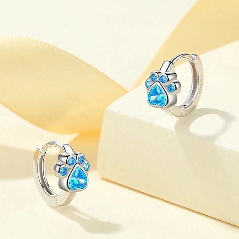 Genuine 9.25 Sterling Silver Zirconia Dog Paw Hoop Earrings for Women