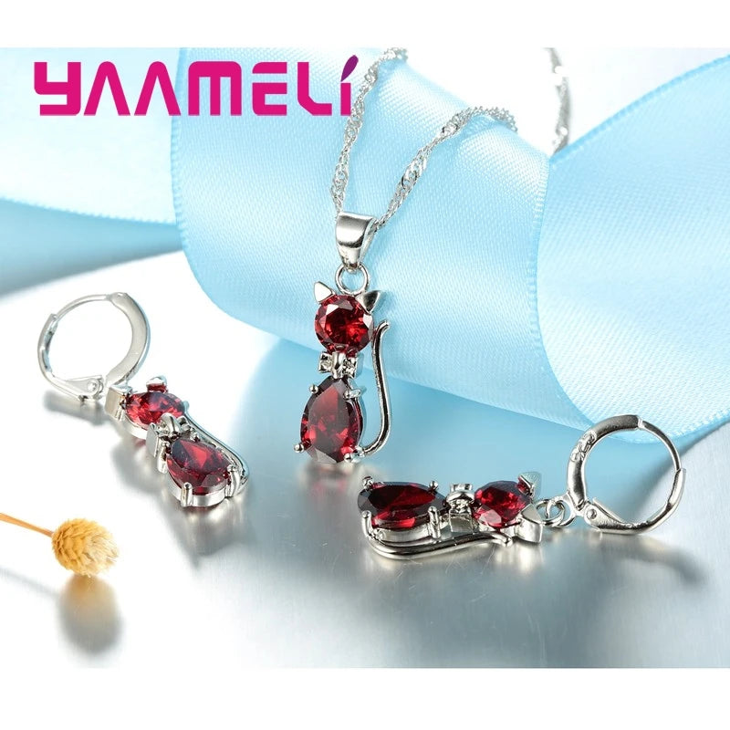 Real 925 Sterling Silver, Austrian Crystal, Cat Necklace
