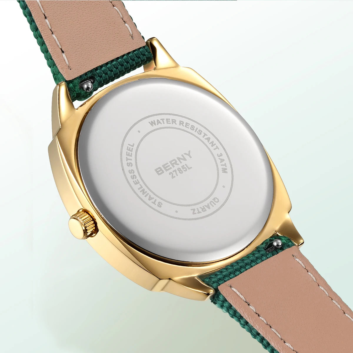 BERNY Gold Watch for Women Canvas Railway Watch Green Dial Ladies Wristwatch Quartz Pillow Watch Casual Fashion Ladies Watch
