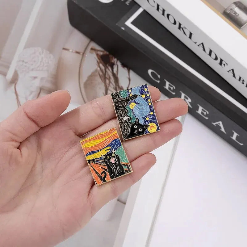 3pc Cats In Oil Paintings, Enamel Pins...(Click On Specs To Magnify).