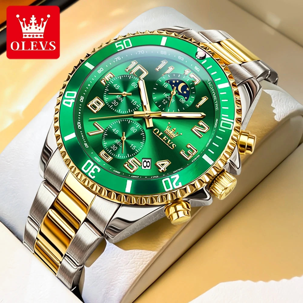 OLEV, S 2926 Men's, Luxury Brand, Waterproof, Calendar Moon Phase, Top Fashion, Stainless Steel Quartz, Chronograph Watch