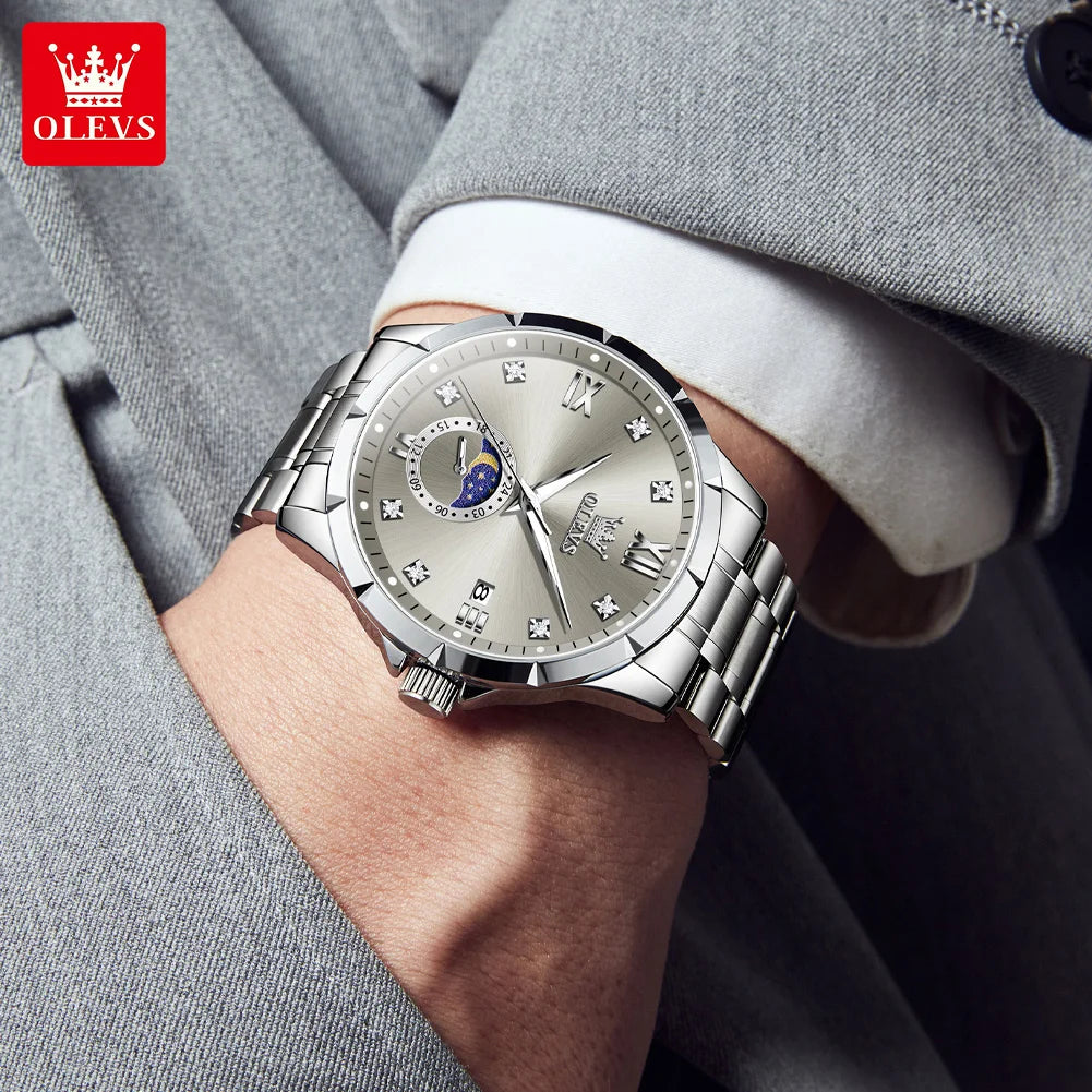 OLEV'S 2956 Men's, Luxury Brand, Waterproof, Calendar Moon Phase, Top Fashion, Stainless Steel Quartz, Chronograph Watch