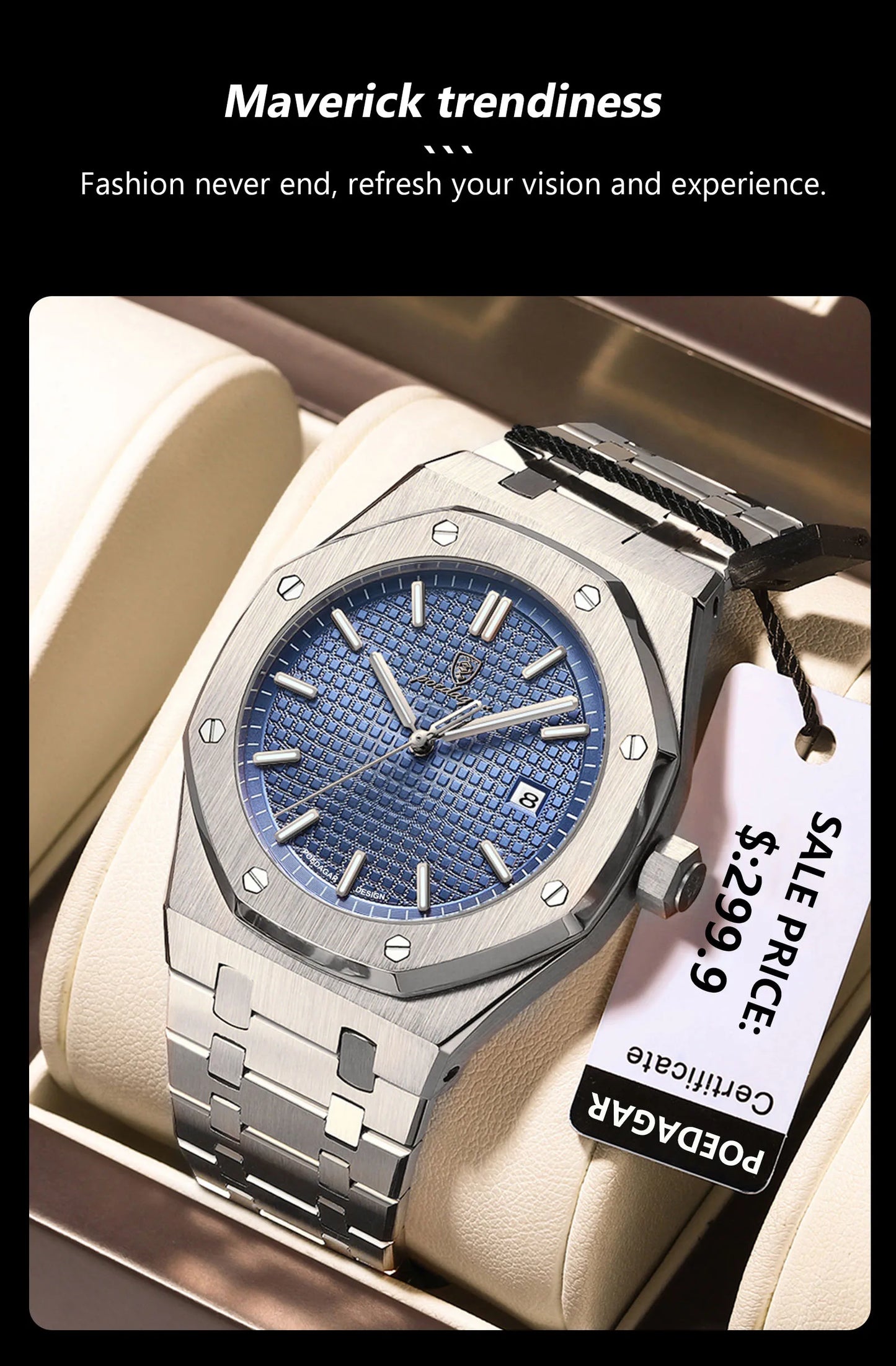 NEW!!! Fine Steel, Original Quartz, Luminous Date, Waterproof, Fashionable Classic Wristwatch, By POEDAGAR