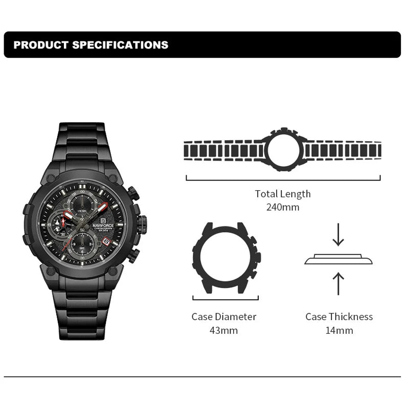 Fashion, Sports, Chronograph, Waterproof, Calendar Display, Military Quartz Male Watch, By NAVIFORCE