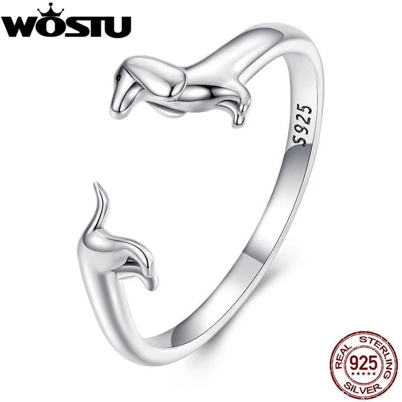Genuine, 9.25 Sterling Silver, Cute Dachshund Dog Adjustable Ring, by WOSTU