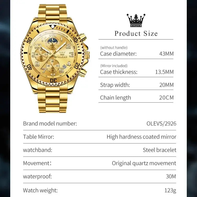OLEV, S 2926 Men's, Luxury Brand, Waterproof, Calendar Moon Phase, Top Fashion, Stainless Steel Quartz, Chronograph Watch