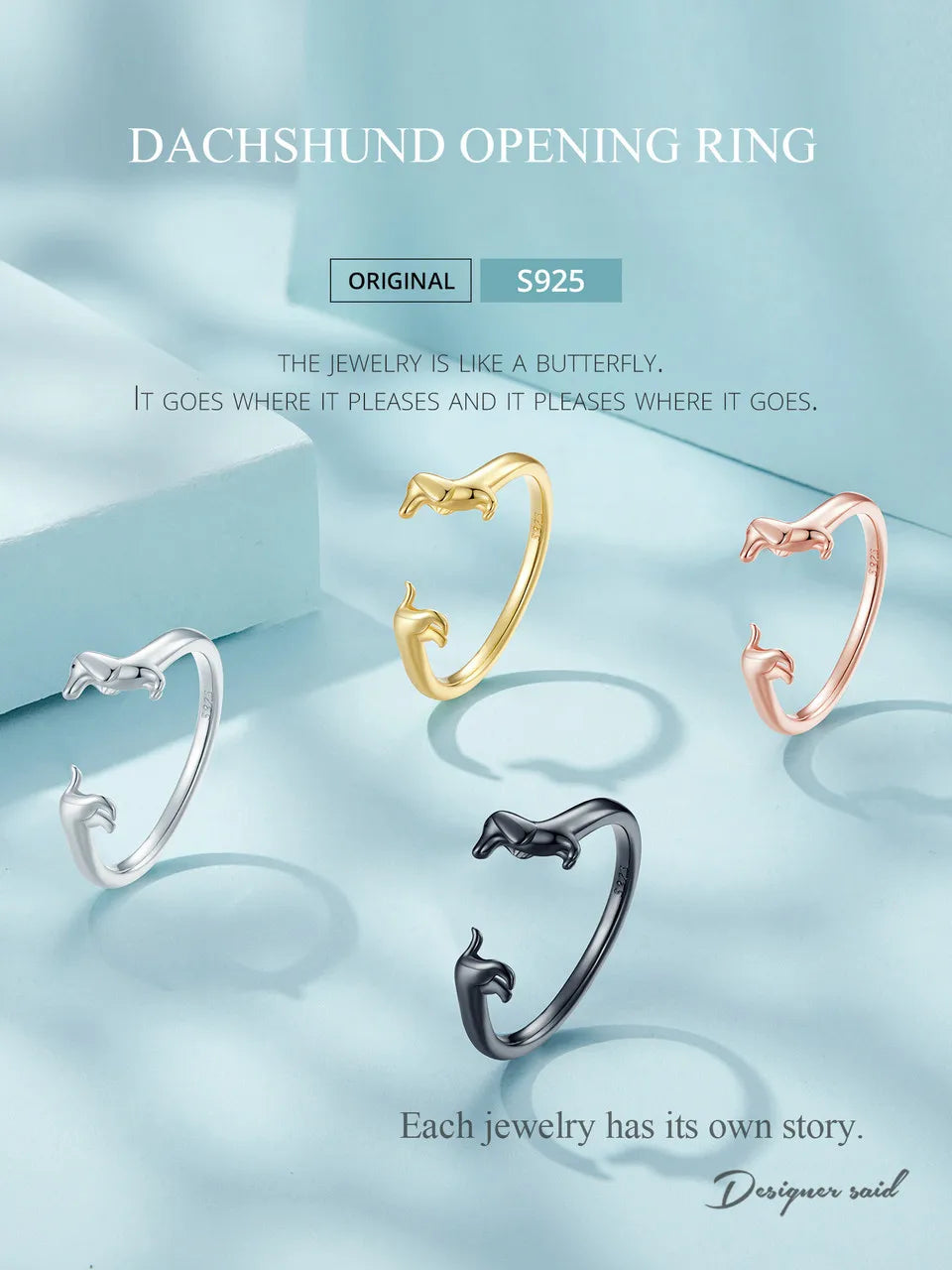 Genuine, 9.25 Sterling Silver, Cute Dachshund Dog Adjustable Ring, by WOSTU