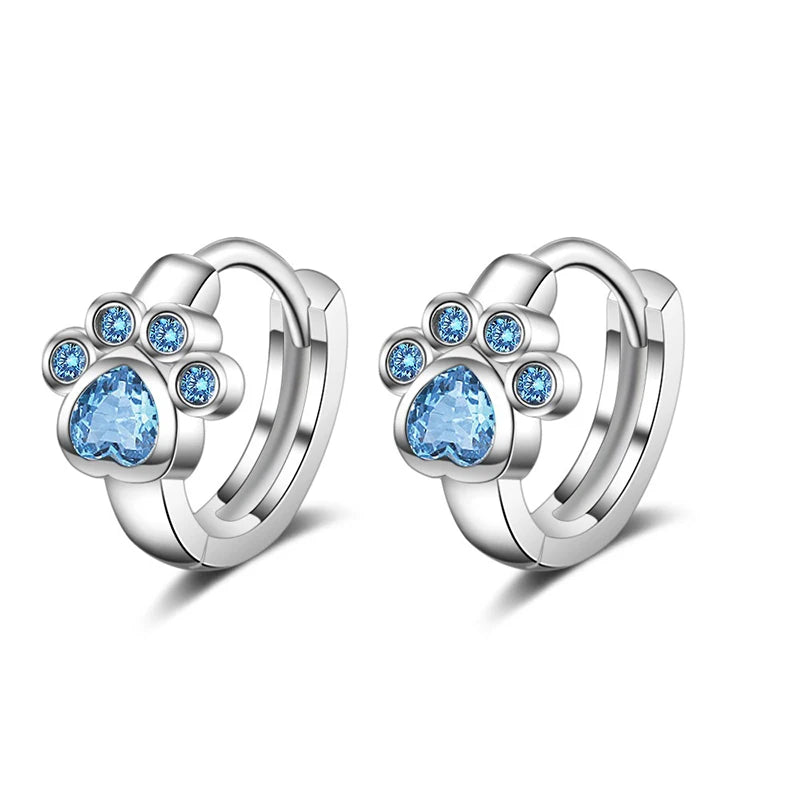 Genuine 9.25 Sterling Silver Zirconia Dog Paw Hoop Earrings for Women