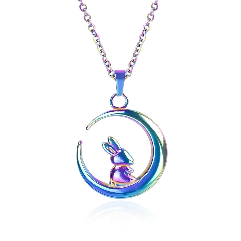 Stainless Steel, Kawaii Animal Rabbit Moon Pendant Necklaces For Women And Men. Please Invite,(Those Who Can), To Adopt Rabbits With This Gift Invitation.. Thank You!