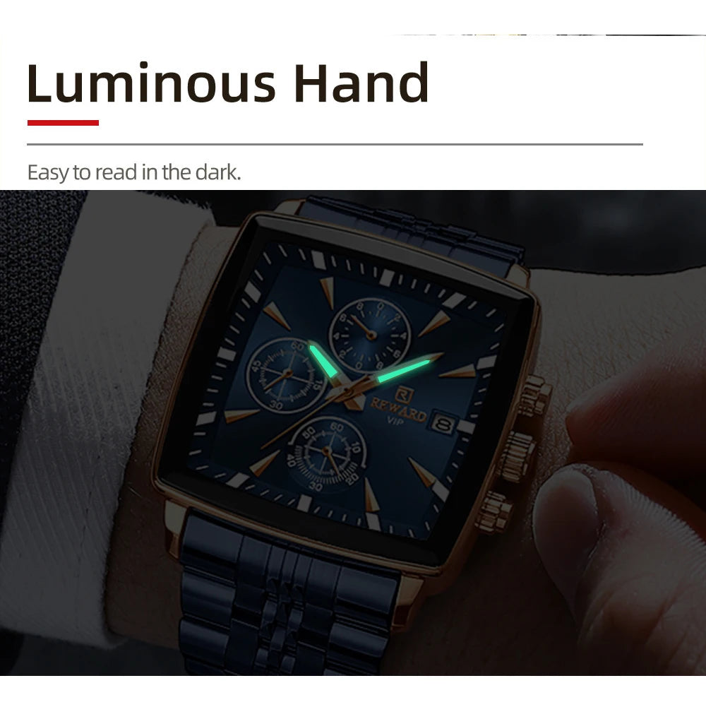 Men's Blue Luxury, Rectangular Business Quartz Wristwatch, Waterproof, with Luminous Hands, By REWARD