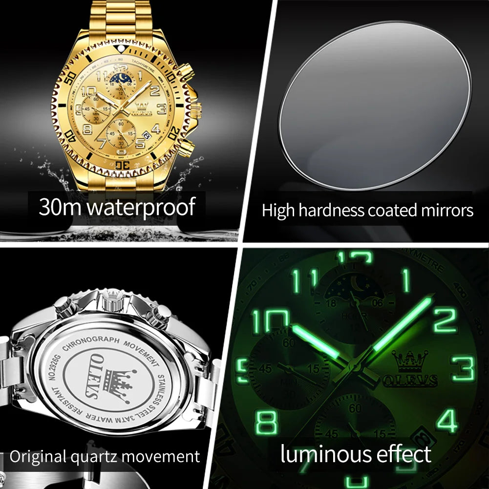 OLEV, S 2926 Men's, Luxury Brand, Waterproof, Calendar Moon Phase, Top Fashion, Stainless Steel Quartz, Chronograph Watch