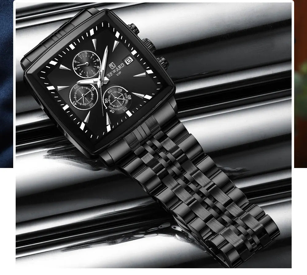Men's Blue Luxury, Rectangular Business Quartz Wristwatch, Waterproof, with Luminous Hands, By REWARD