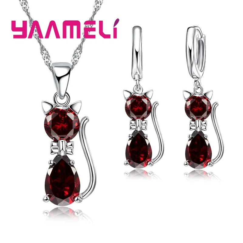 Real 925 Sterling Silver, Austrian Crystal, Cat Necklace