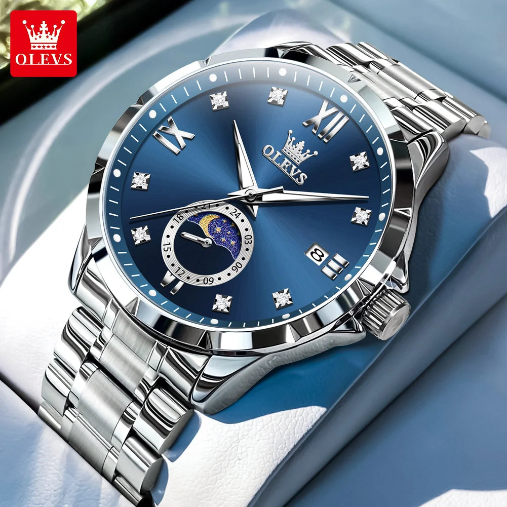 OLEV'S 2956 Men's, Luxury Brand, Waterproof, Calendar Moon Phase, Top Fashion, Stainless Steel Quartz, Chronograph Watch