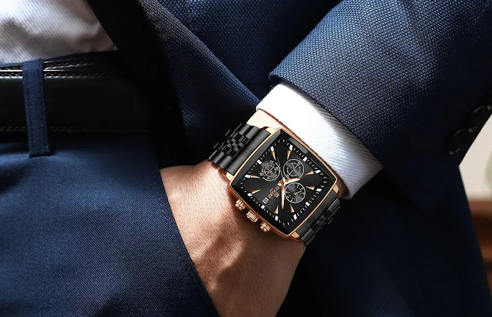 Men's Blue Luxury, Rectangular Business Quartz Wristwatch, Waterproof, with Luminous Hands, By REWARD