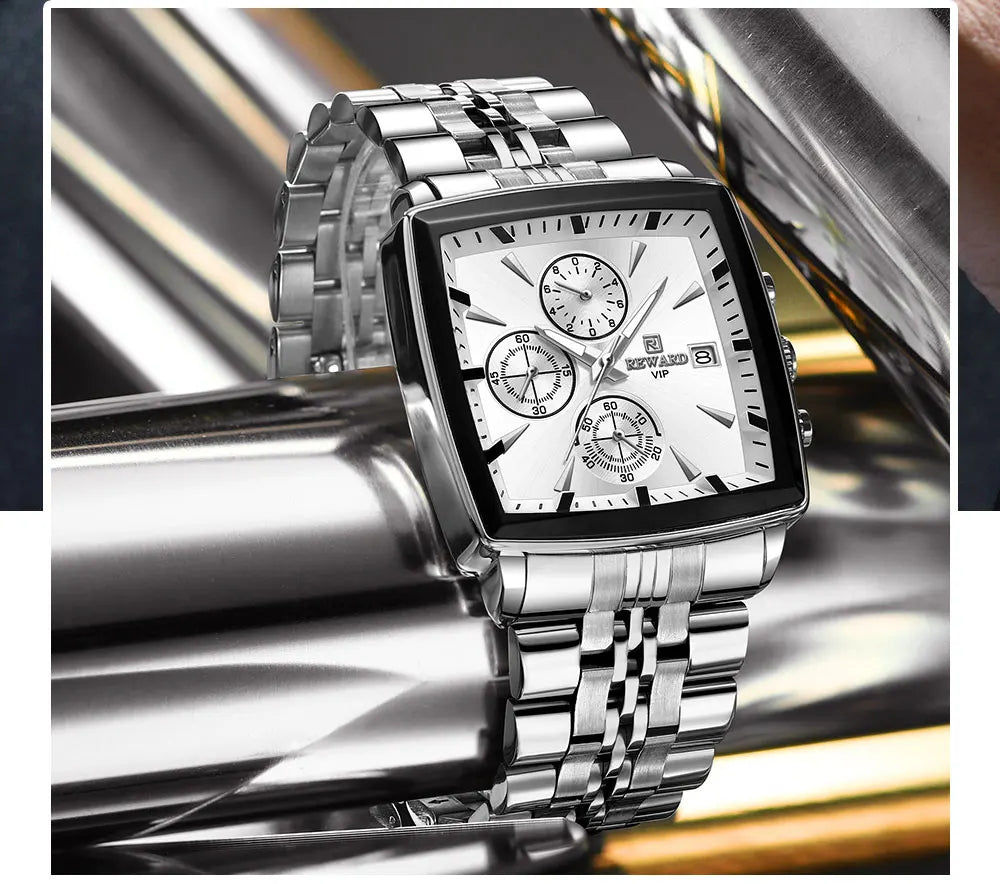 Men's Blue Luxury, Rectangular Business Quartz Wristwatch, Waterproof, with Luminous Hands, By REWARD
