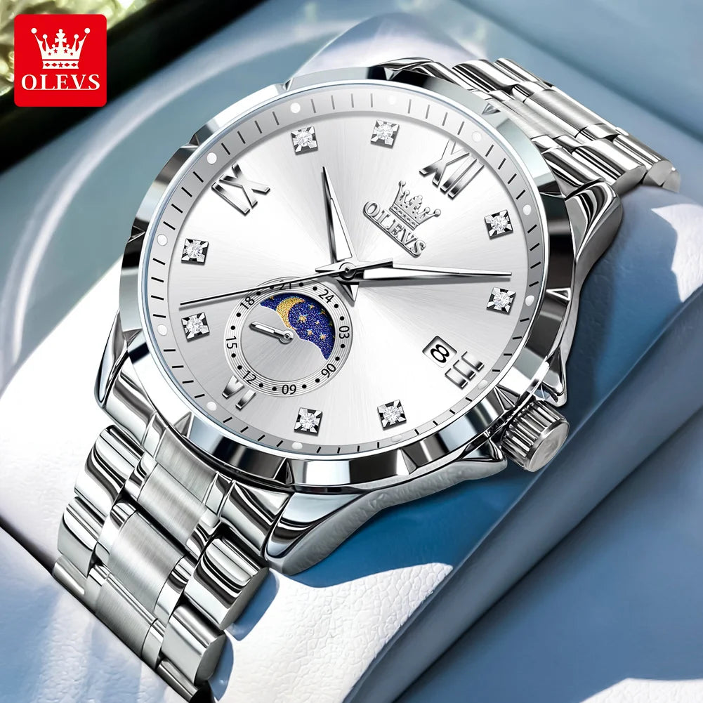 OLEV'S 2956 Men's, Luxury Brand, Waterproof, Calendar Moon Phase, Top Fashion, Stainless Steel Quartz, Chronograph Watch