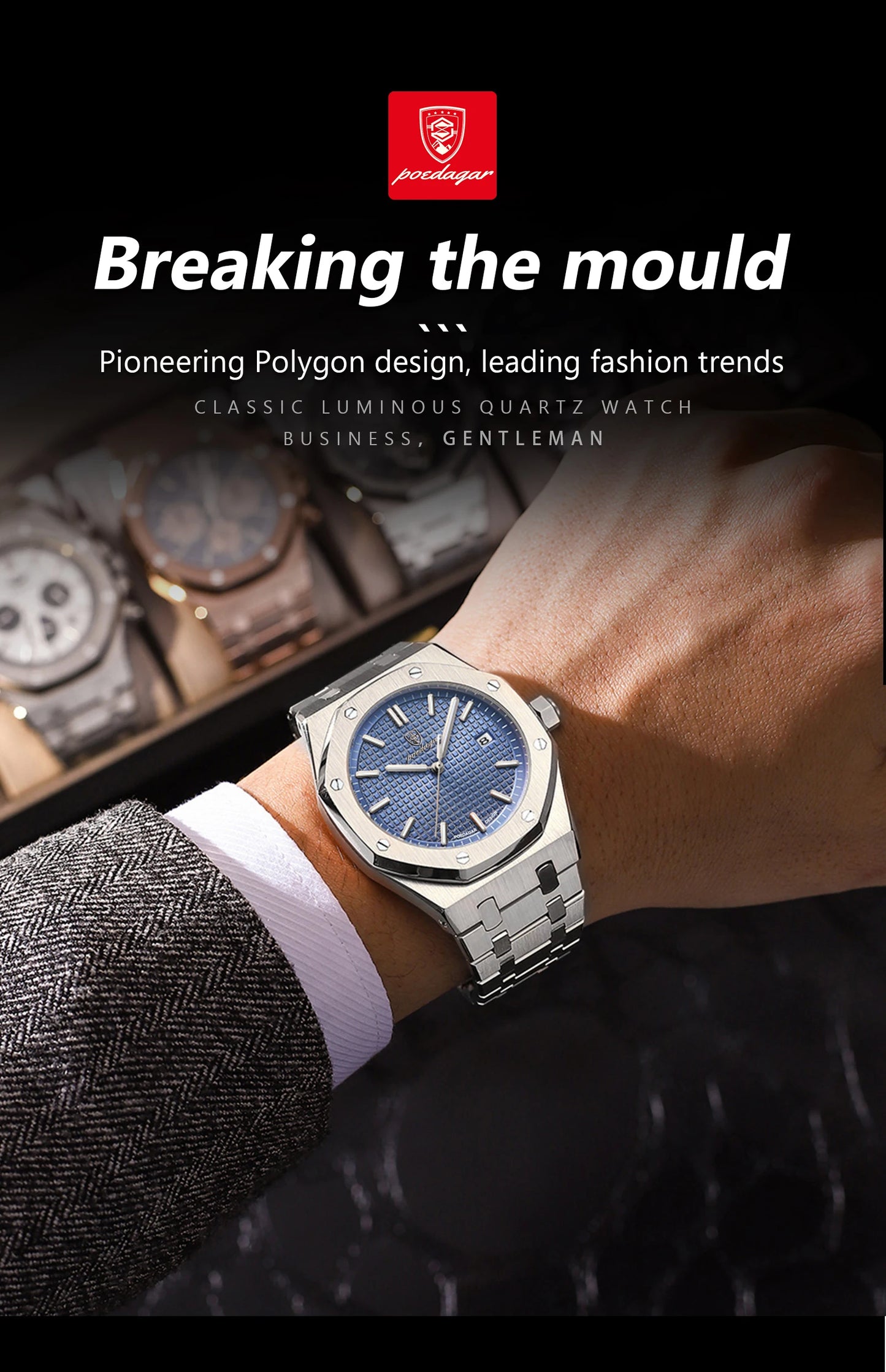 NEW!!! Fine Steel, Original Quartz, Luminous Date, Waterproof, Fashionable Classic Wristwatch, By POEDAGAR