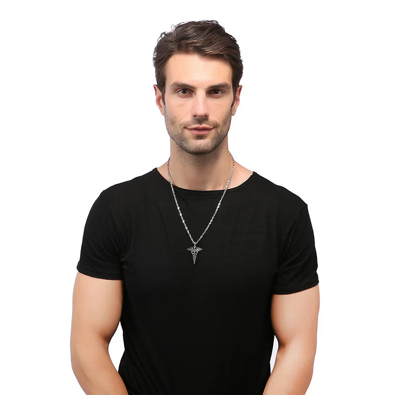 Medical Stainless Steel, Double Snake Wings Pendant Necklace Gift For Medical Professionals