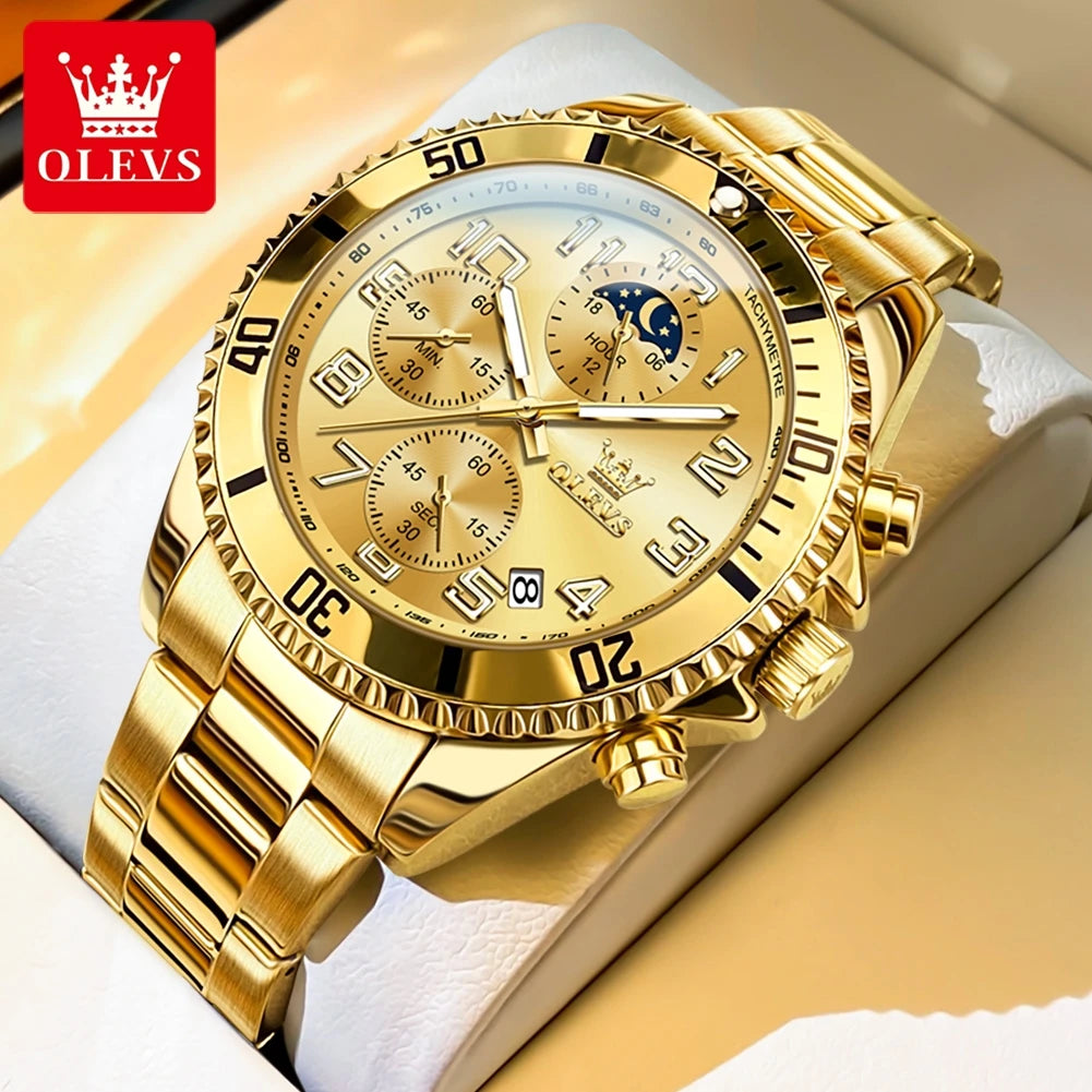 OLEV, S 2926 Men's, Luxury Brand, Waterproof, Calendar Moon Phase, Top Fashion, Stainless Steel Quartz, Chronograph Watch