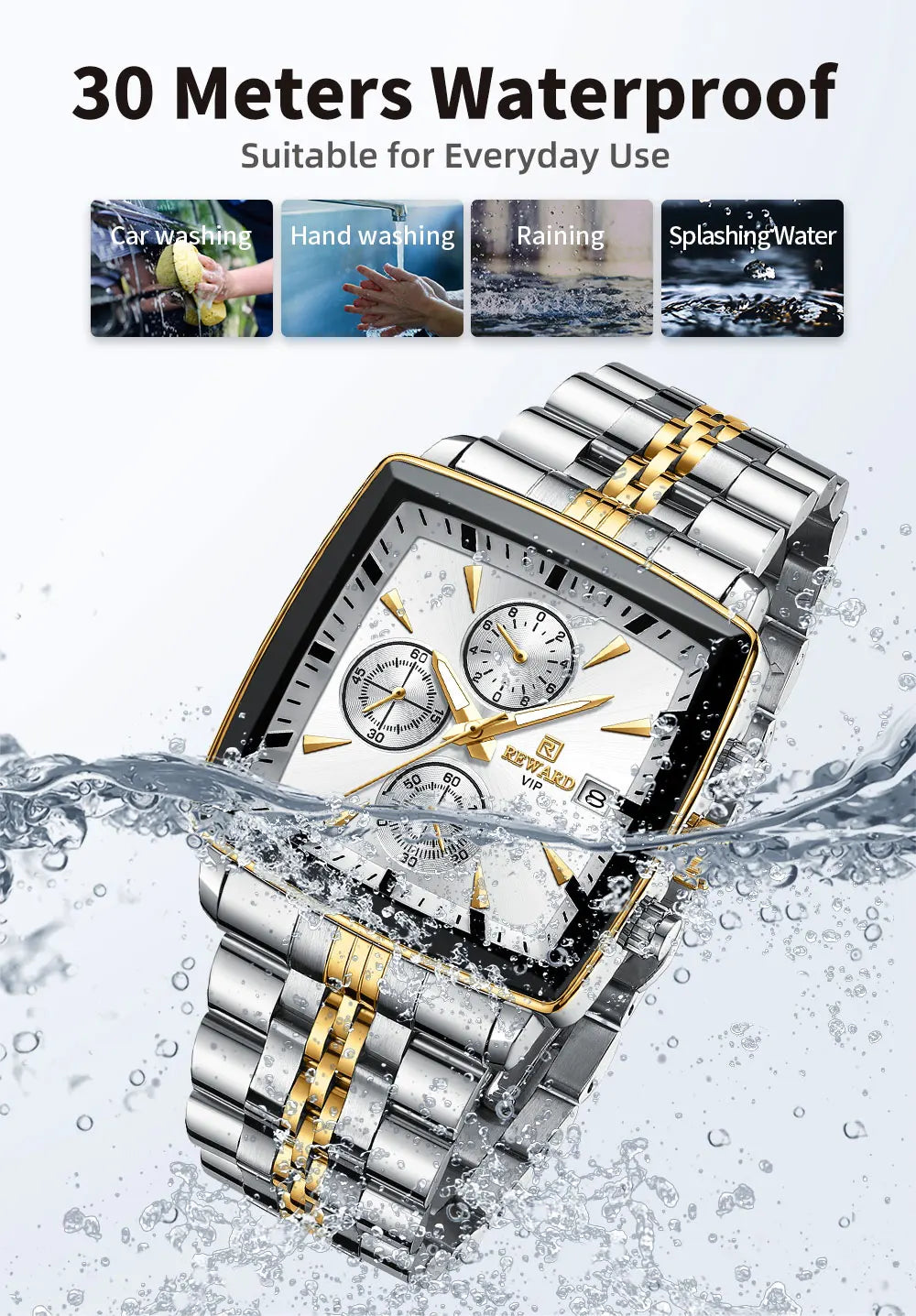 Men's Blue Luxury, Rectangular Business Quartz Wristwatch, Waterproof, with Luminous Hands, By REWARD