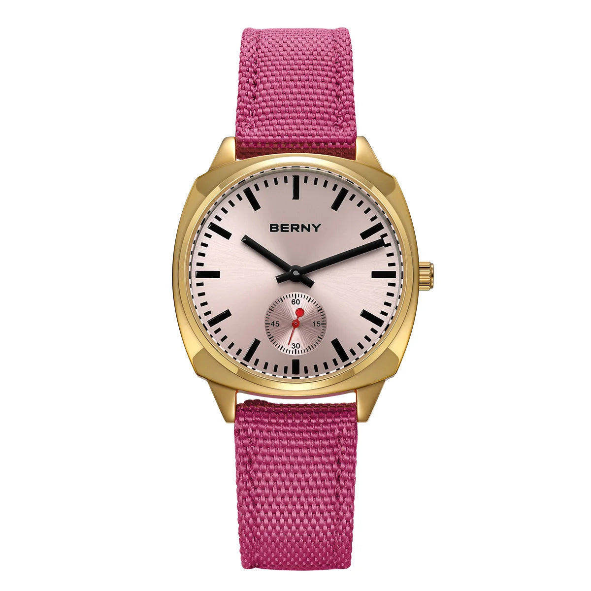BERNY Gold Watch for Women Canvas Railway Watch Green Dial Ladies Wristwatch Quartz Pillow Watch Casual Fashion Ladies Watch