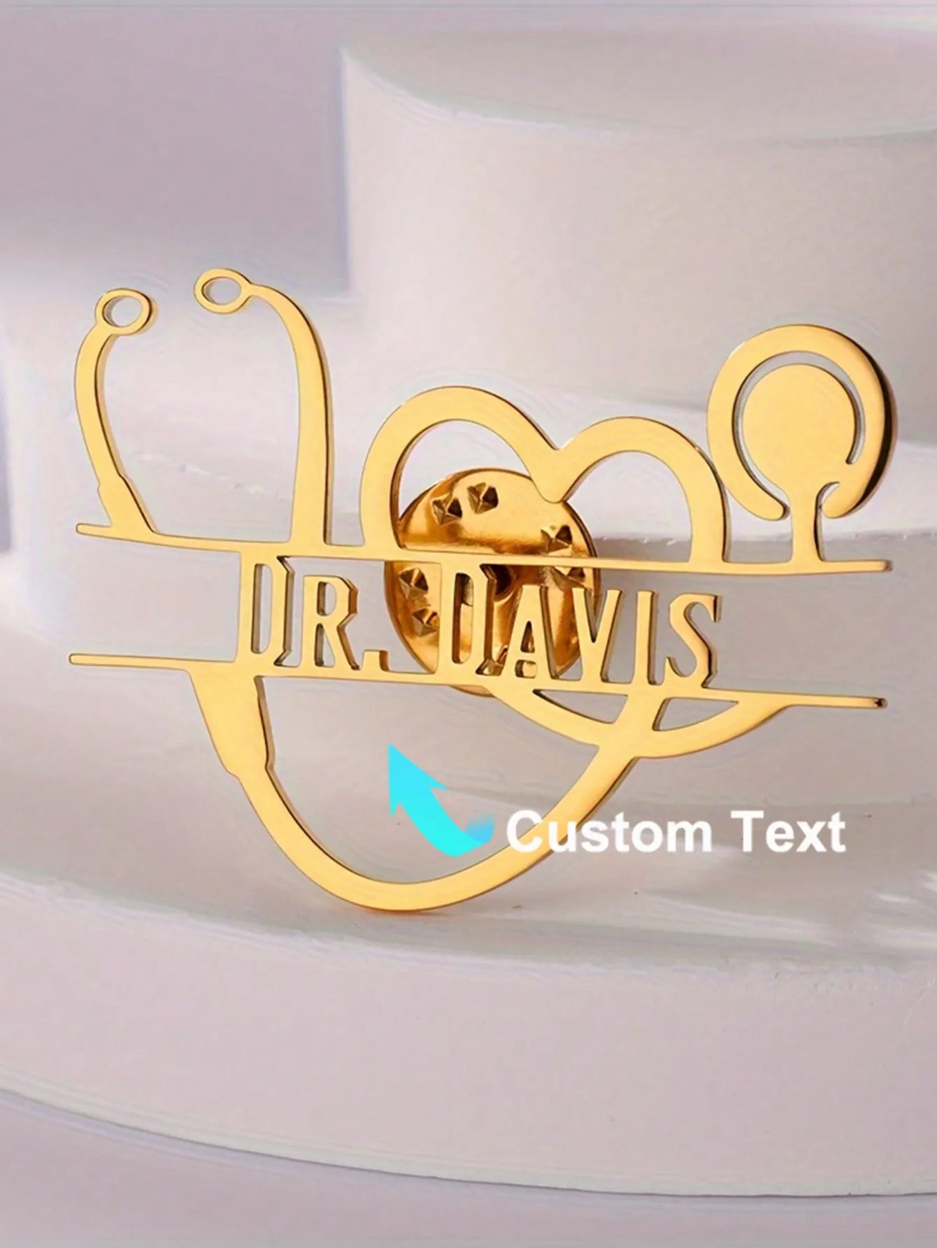 Personalized, Vintage Stethoscope, Heart Brooch Pin, Gold Plated Stainless Steel, Customized For Doctor, Nurse, Veterinarian