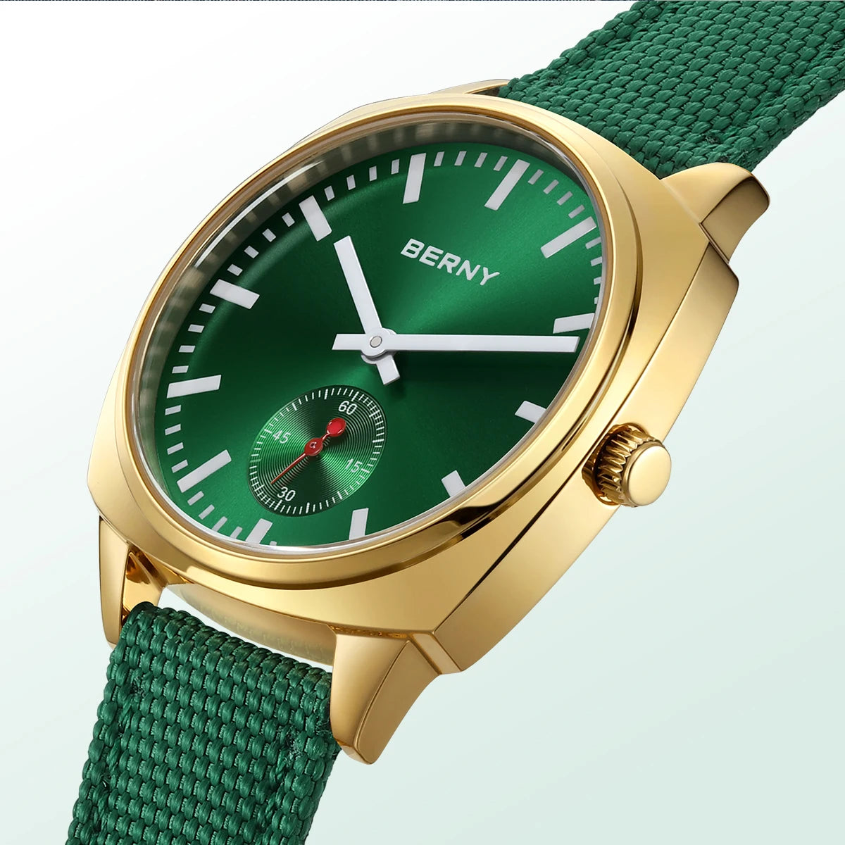 BERNY Gold Watch for Women Canvas Railway Watch Green Dial Ladies Wristwatch Quartz Pillow Watch Casual Fashion Ladies Watch