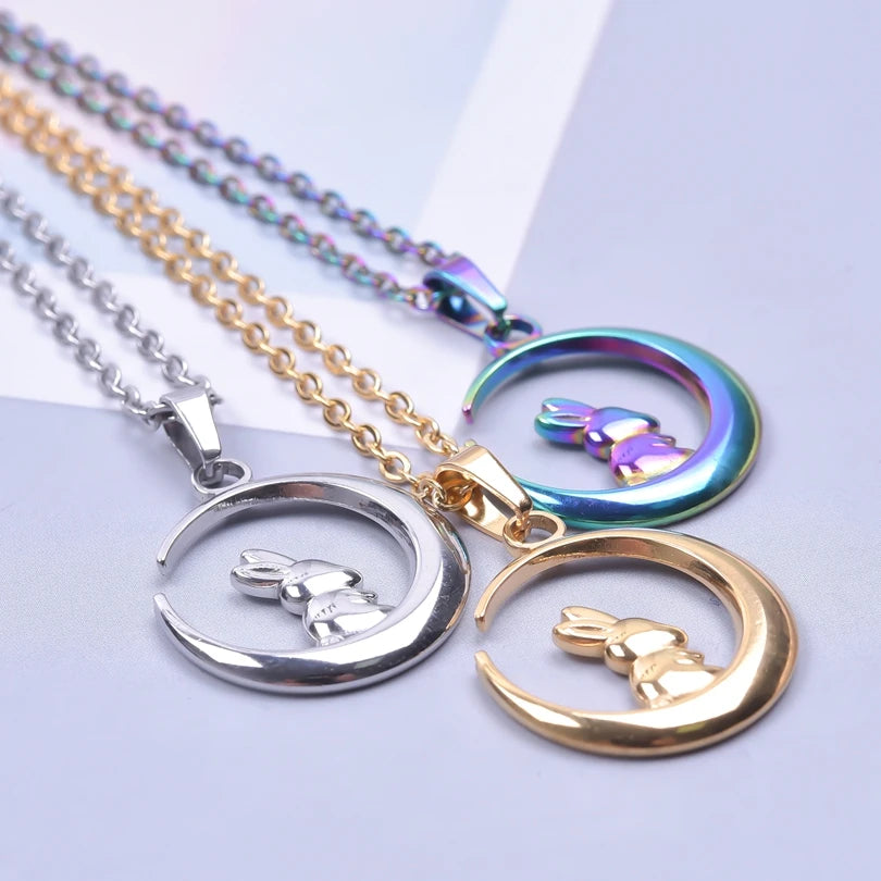 Stainless Steel, Kawaii Animal Rabbit Moon Pendant Necklaces For Women And Men. Please Invite,(Those Who Can), To Adopt Rabbits With This Gift Invitation.. Thank You!