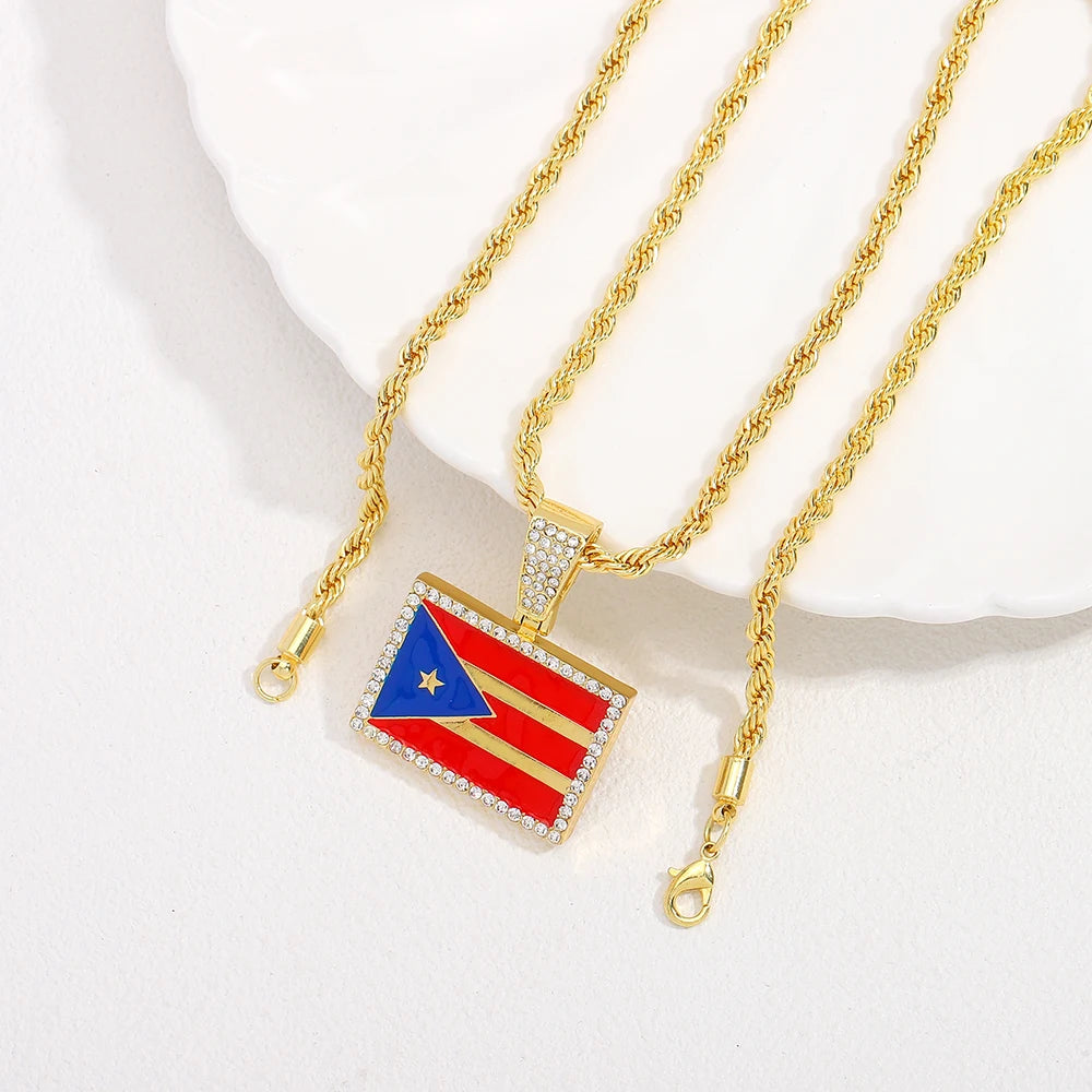 New Heart Puerto Rico Map/Flag Pendant Necklace With Imitation Rhinestones & 4mm Rope Link Chain, Stylish Jewelry For Men & Women